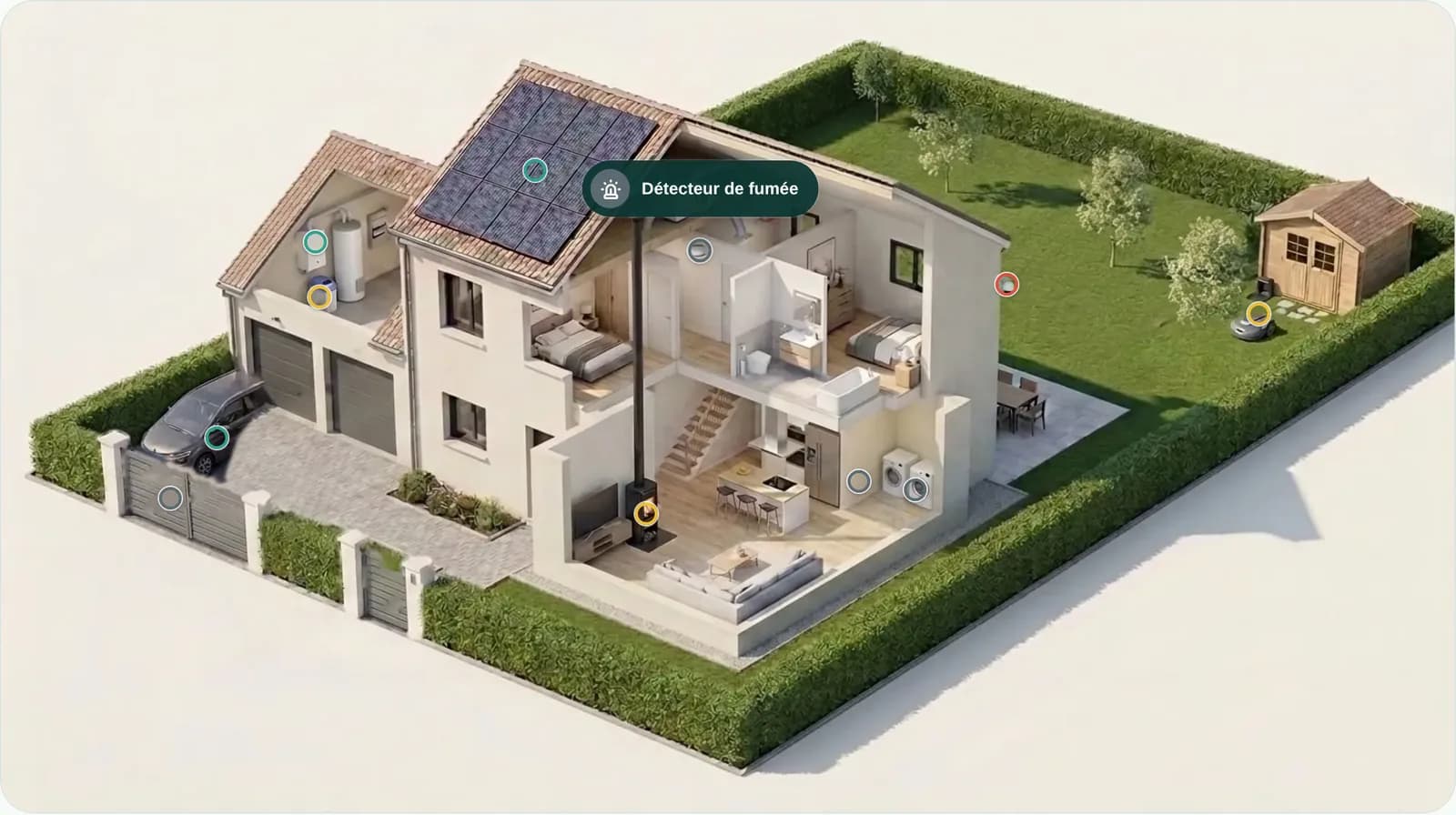 La maison interactive : une maison 3D type en coupe avec ses panneaux solaires, sa VMC, sa chaudière et son robot de tonte repérés par des pastilles, et l'infobulle « Détecteur de fumée » au survol