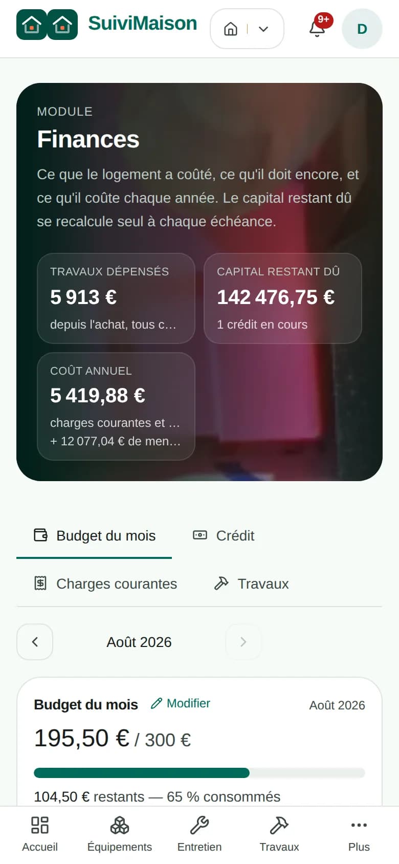 Les finances sur téléphone : travaux dépensés, capital restant dû et budget du mois.