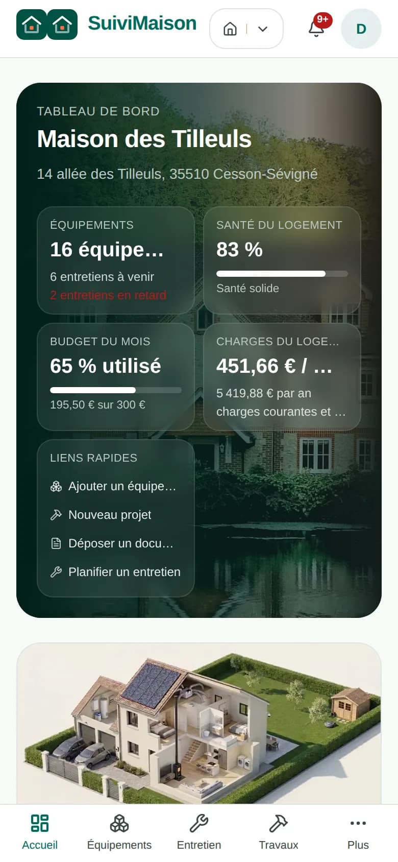 Le tableau de bord sur téléphone : équipements, santé du logement, budget du mois et maison interactive.