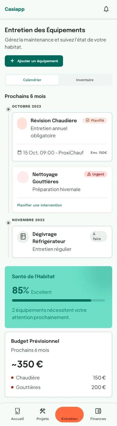 L'entretien : les prochaines échéances, mois par mois, avec leur prestataire.
