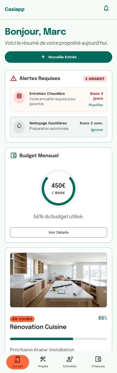 Le tableau de bord : alertes à traiter, budget du mois et chantier en cours.
