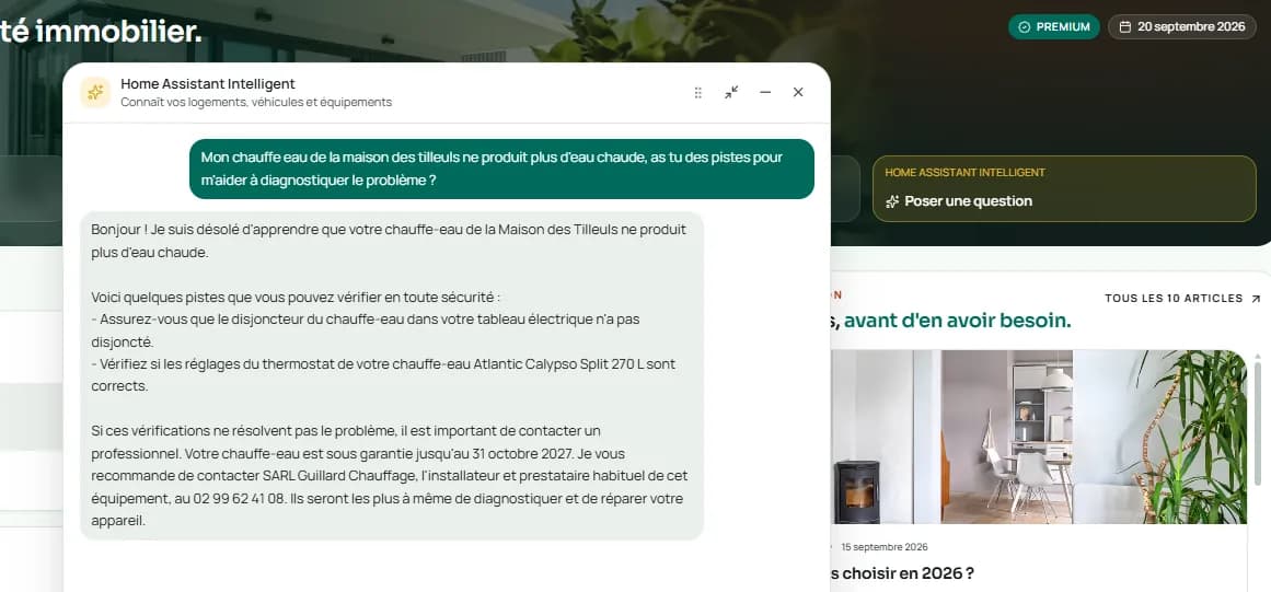 La fenêtre du Home Assistant Intelligent ouverte sur l'accueil : une question sur le chauffe-eau des Tilleuls qui ne produit plus d'eau chaude, et la réponse qui donne les vérifications à faire, la date de fin de garantie et l'installateur enregistré