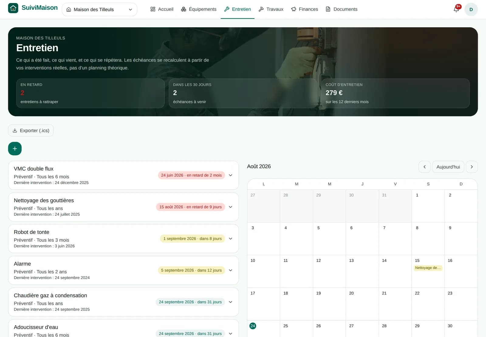 La page Entretien : la liste des échéances par urgence à gauche, le calendrier du mois à droite