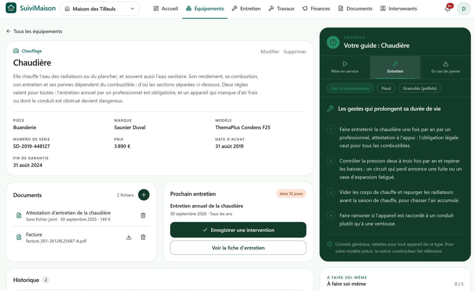 La fiche d'une chaudière : ses caractéristiques, sa garantie, ses documents, son prochain entretien et, à droite, ses conseils d'usage en trois rubriques — mise en service, entretien, en cas de panne