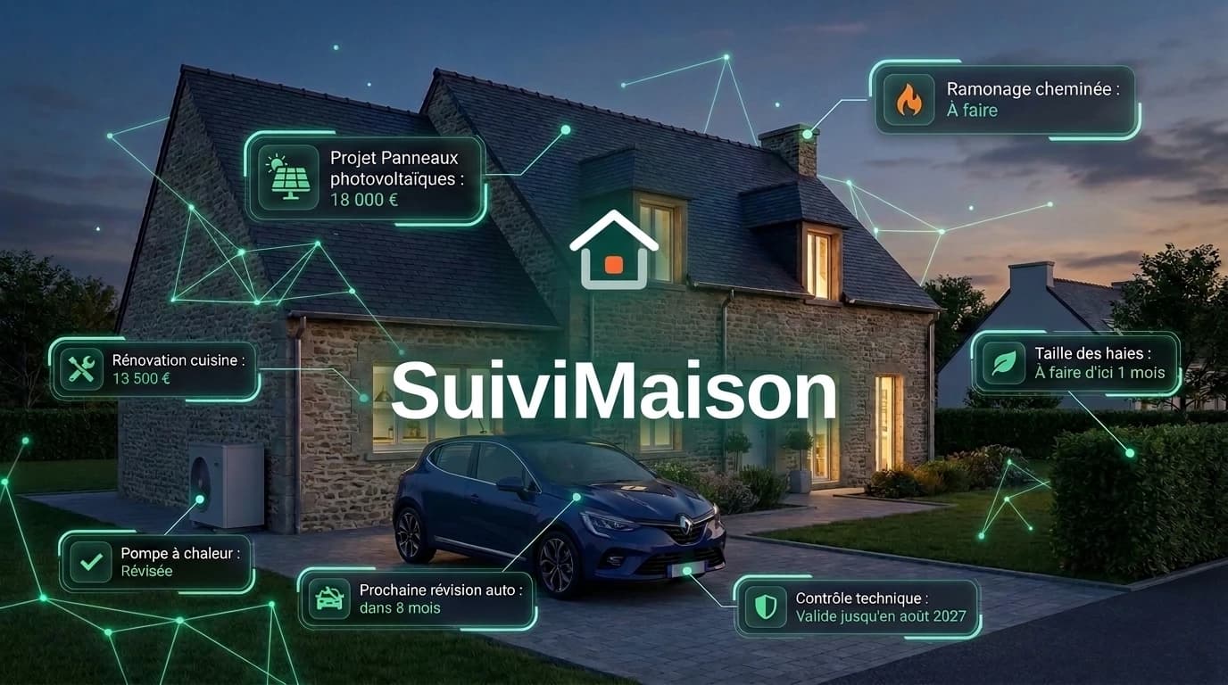 Aperçu de SuiviMaison : la maison et ses équipements reliés — entretien, travaux, budget et véhicules suivis au même endroit