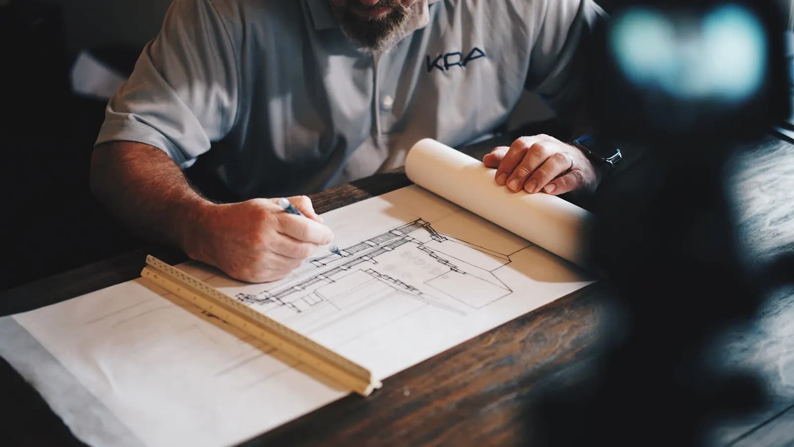 Artisan annotant des plans de travaux étalés sur une table