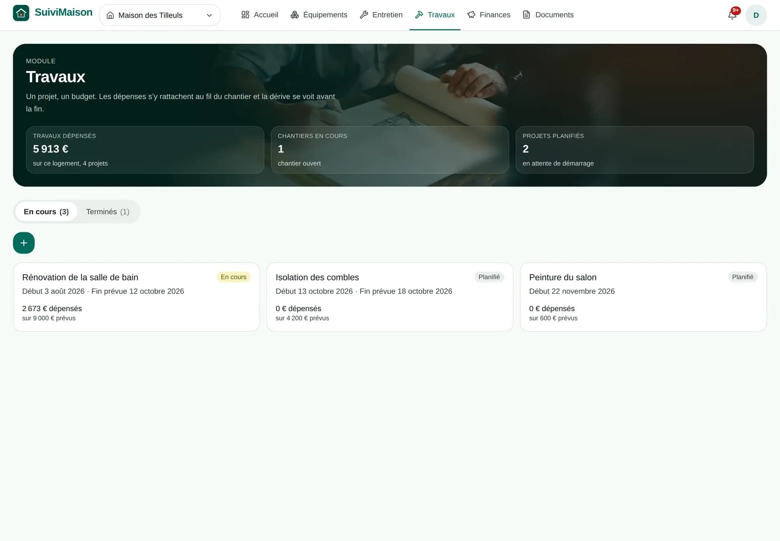 La page Travaux : dépenses engagées, chantier en cours et projets planifiés dans le bandeau, puis les chantiers en cartes