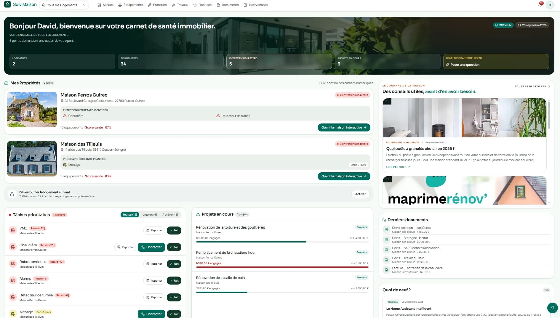 L'accueil « Tous mes logements » : deux biens listés avec leurs entretiens en retard, leur score santé et leur avancement, les tâches prioritaires groupées par logement et les projets en cours
